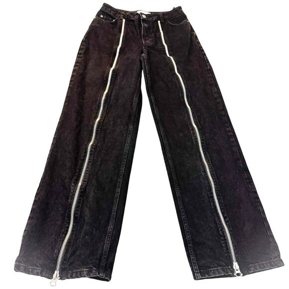 Zara High Waisted Zipper Detail Black Denim Jeans Silver Zipper Size 6 MINT - Picture 2 of 9